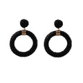 White Brown and Black Raffia Wrapped Round Dangle Earrings view 5