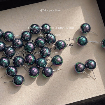 Iridescent Dark Ball Stud Earrings Oil Slick Purple Green