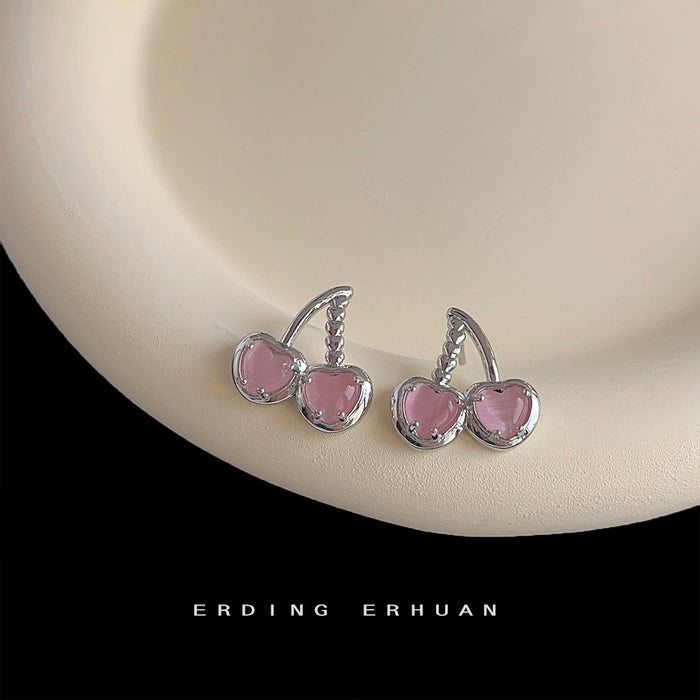 Silver-Tone Pink Cat Eye Glass Cherry Stud Earrings