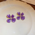 Purple Four Petal Flower Stud Earrings With Decorative Details view 1