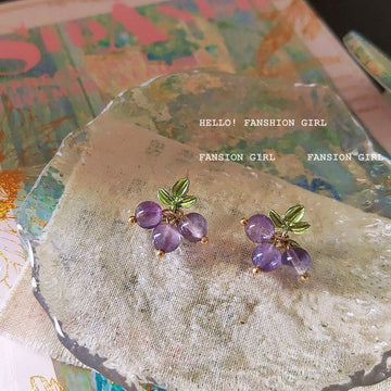 Gold Tone Green Leaf And Purple Grape Cluster Stud Earrings