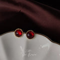 Gold Wine Red Round Cabochon Stud Earrings Bezel Pair view 4