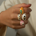 Gold Dual Evil Eye White Enamel Open Adjustable Ring view 1