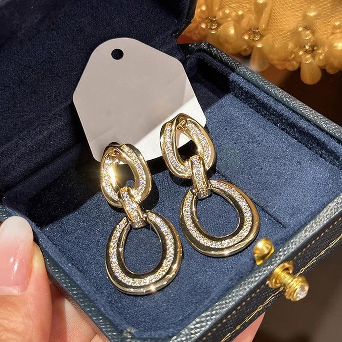 Double Oval Link Pave Drop Earrings In Polished Gold Tone
