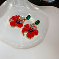 Red Enamel Flower Stud Earrings With Green Oval Tops view 6