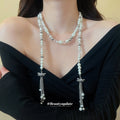 Long Pearl Strand And Crystal Bow Silver Tassel Necklace view 3