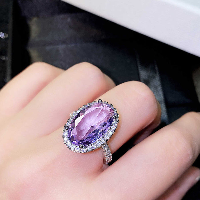 Purple Oval Solitaire Halo Split-Band Ring In Silver Tone