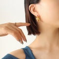 Textured C-Hoop Earrings Faux Pearl Zircon Gold Steel view 7
