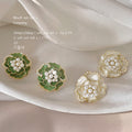 Green Cream Enamel Camellia Pearl Stud Earrings Pair view 1