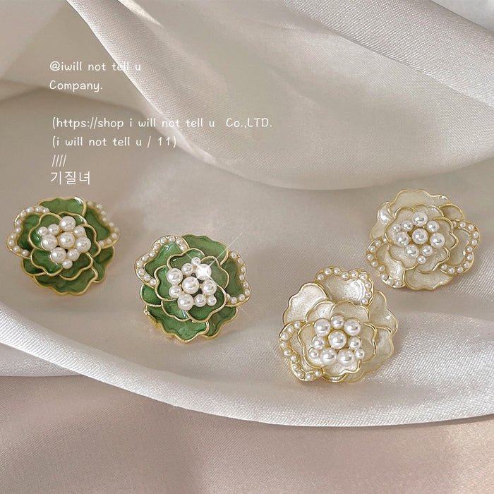 Green Cream Enamel Camellia Pearl Stud Earrings Pair