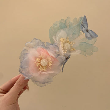 Double Sheer Flower Hair Clip with Butterfly in Pastel Colors