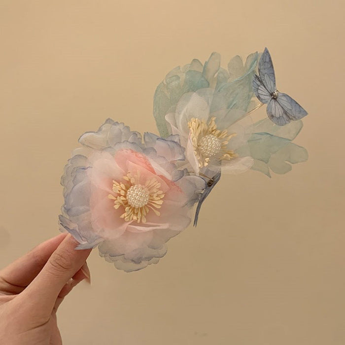 Pink Purple And Pale Blue Double Sheer Flower Hair Clip With Butterfly