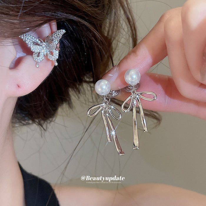 Butterfly and Bow Pearl Ear Cuffs in Two Silver Tone Styles