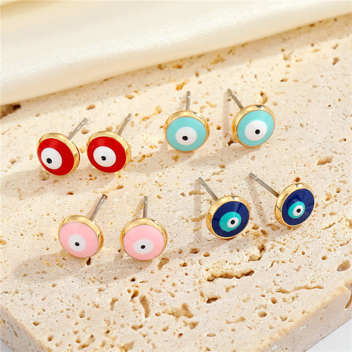 Gold Rim Round Evil Eye Enamel Stud Earrings Four Colors