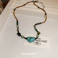 Brown Cord Turquoise Nugget Mixed Green Bead Necklace view 4