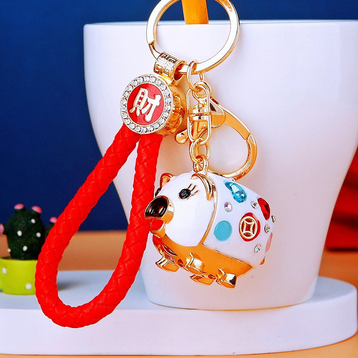 Jeweled Heart Pig Keychains with Plain Fortune and Loose Loop Options