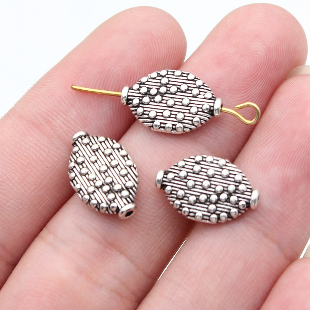 15x9.7x2.9mm 1.2g Antique Silver Zinc Alloy Oval Polka Dot Small Hole Round Beads for Bracelet Necklace DIY