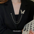 Silver Tone Crystal Butterfly Double Chain Brooch With Gray Pearl Like Pin view 3