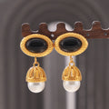 Black Agate Oval Stud Pearl Cage Drop Earrings Gold Steel view 2