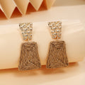 Gold Basketweave Stud Raffia Trapezoid Drop Earrings Magenta view 4