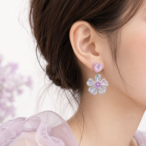 Iridescent Acrylic Heart and Purple Flower Drop Stud Earrings