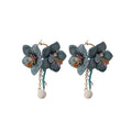 Textile Flower and Pearl Drop Earrings in Blue or Pink view 5