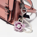 Purple Fabric Camellia Pearl Loop Keychain Heart Clasp view 2