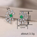 Silver Tone Green Square Crystal Floral Stud Earrings view 4