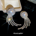 Pearl Like Round Stud Earrings With Curved Stone Tassels view 2