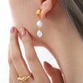 Gold Dome Ball Stud Earrings Dual White Pearl Drop Dangles view 4