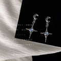 Silver Crescent Moon Drop Earrings Star Blue Cabochon view 3