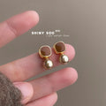 Mocha Enamel Square Champagne Pearl Drop Earrings Gold view 1