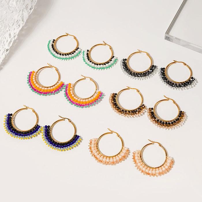 Two Color Hand Beaded Fringe Gold Tone Hoop Earrings