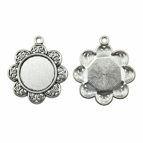 Floral Round Cabochon Pendant Tray Settings in Two Sizes shown in image 2 with six broad scrollwork petals