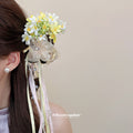 Floral Organza Bow Ribbon Pearl Strand Hair Claw Clip view 3