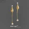 Gold Tone Clear Stone Branch Chain And Pearl Long Drop Earrings view 1