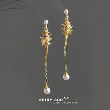 Clear Stone Branch Chain Pearl Gold Tone Long Drop Earrings