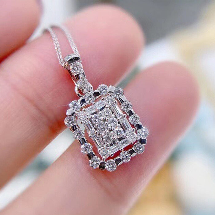 Silver Tone Rectangular Crystal Double Halo Pendant Necklace