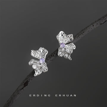 Silver Liquid Flower Stud Earrings Purple Center Crystal