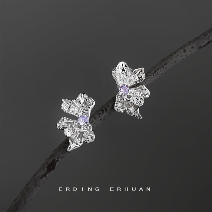 Silver Liquid Flower Stud Earrings Purple Center Crystal