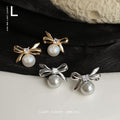 Bow Pearl Stud Earrings Square CZ Gold Silver Tone view 3