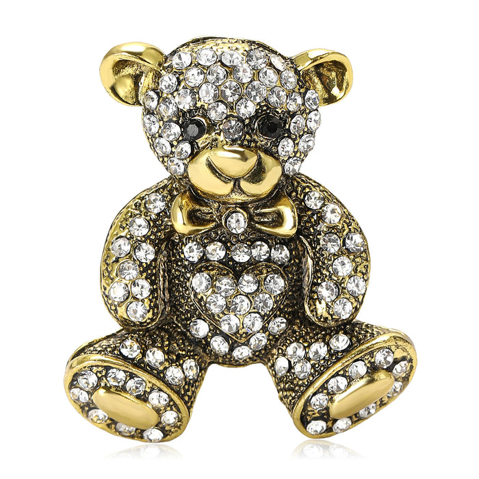 Crystal Teddy Bear Brooch in Blue Antique Gold or Silver Tone