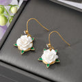 Gold Tone Enamel Heart and White Rose Hook Earrings view 2