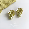 Sage Green Metallic Flower Pearl Drop Stud Earrings view 1