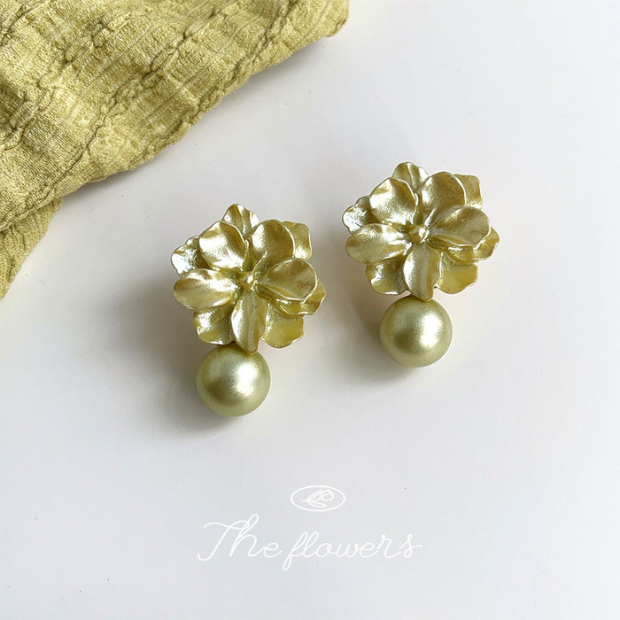 Sage Green Metallic Flower Pearl Drop Stud Earrings