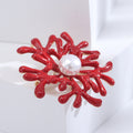 Red Enamel Coral Branch Brooch White Pearl Center Pin view 4