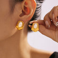 Geometric Hexagon Stud Earrings Oval Imitation Pearl Metal view 1