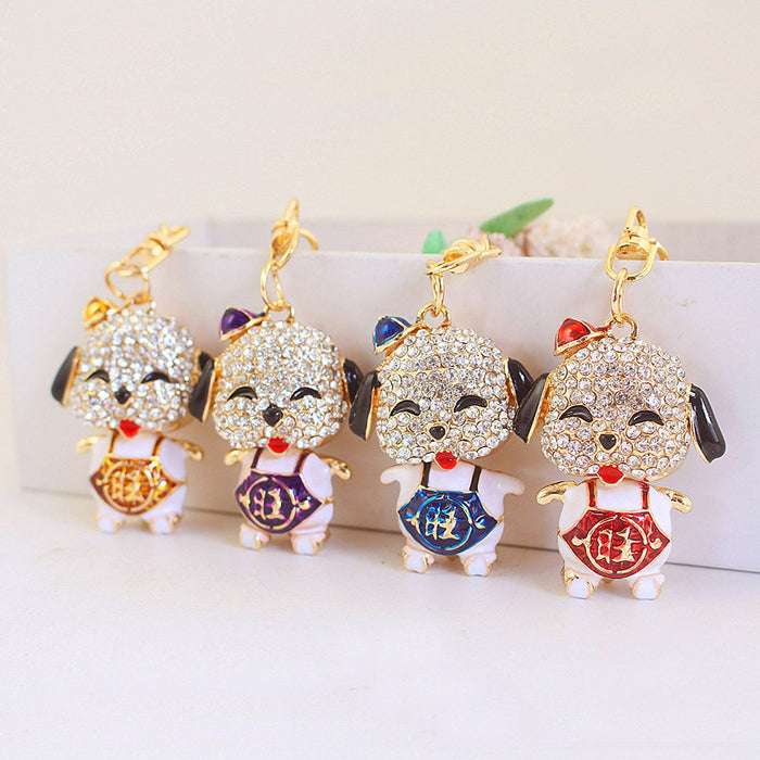 Rhinestone Dog Keychain With Colored Apron And Gold-Tone Clasp