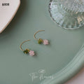Gold Tone Green Leaf And Pink Flower Fruit Hook Earrings view 6