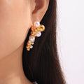 Gold Pearl Cluster Drop Earrings With Crystal Accents view 3